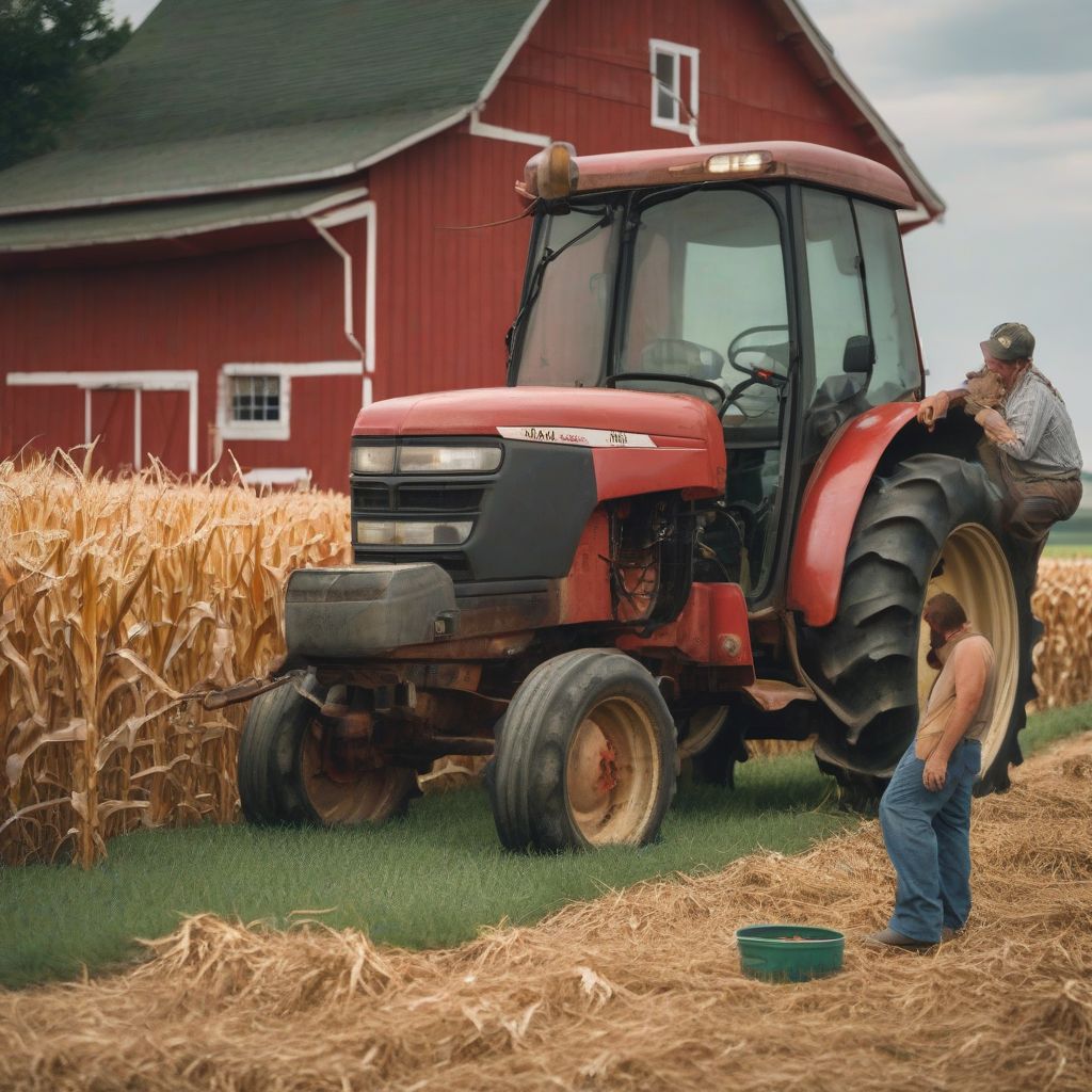 Farmer checking tractor tire